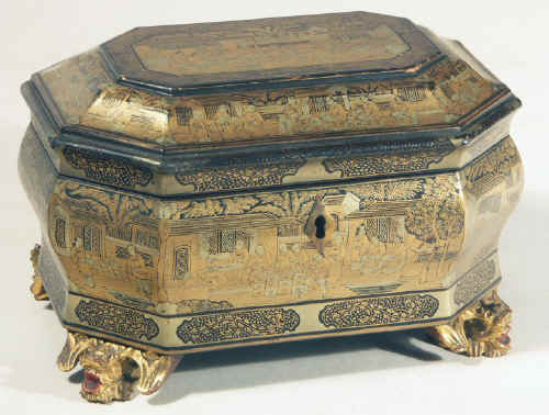 Chinese export lacquer tea chest with scenes of tea trading the interior fitted with metal canisters, circa 1840. chtealac01.jpg (112718 bytes)