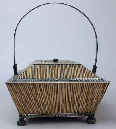 Anglo Indian, Vizagapatam Porcupine Quill Horn and Ivory Basket-form box Circa 1850. quillbasket5.jpg (99416 bytes)