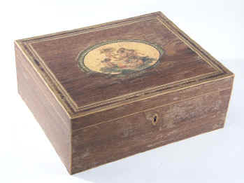 Rare Georgian sewing box  with cherub print and turned Tunbridge ware  sewing tools Circa 1800.