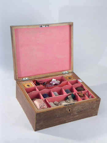 Rare Georgian sewing box  with cherub print and turned Tunbridge ware  sewing tools Circa 1800.