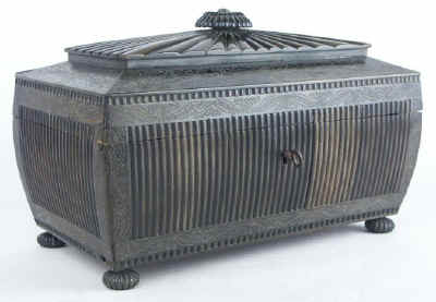 An important and monumental Anglo Indian Vizagapatam black buffalo horn tea chest Circa 1835.