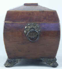 A burr yew  three compartment tea caddy/chest of bombe shape, pyramided top with gilded brass drop handleshandles and feet.