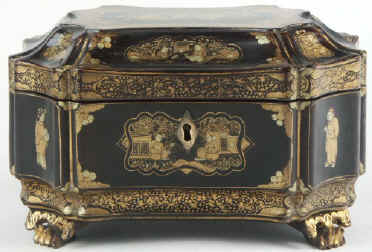 Chinese Export Lacquer Tea Caddy with Gold Decoration Circa 1835. tcchlafig02.jpg (88064 bytes)