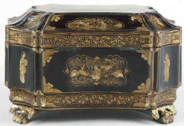 Chinese Export Lacquer Tea Caddy with Gold Decoration Circa 1835. tcchlafig04.jpg (87824 bytes)