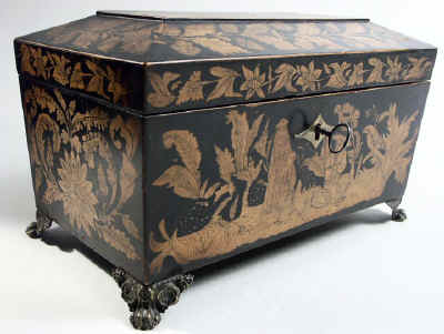 A  Regency three compartment Penwork Tea caddy decorated all over with exotic penwork scenes on a sycamore ground . Circa 1820. tcpendisfam01.jpg (93208 bytes)