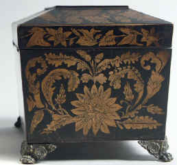 A  Regency three compartment Penwork Tea caddy decorated all over with exotic penwork scenes on a sycamore ground . Circa 1820. tcpendisfam03.jpg (117897 bytes)