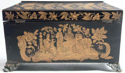 A  Regency three compartment Penwork Tea caddy decorated all over with exotic penwork scenes on a sycamore ground . Circa 1820. tcpendisfam04.jpg (95842 bytes)