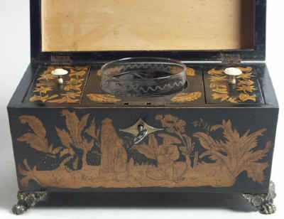 A  Regency three compartment Penwork Tea caddy decorated all over with exotic penwork scenes on a sycamore ground . Circa 1820. tcpendisfam06.jpg (78239 bytes)