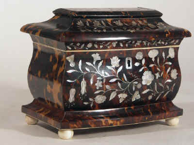 Very Fine Tortoiseshell Tea Caddy Inlaid with Engraved Mother of Pearl and White Metal Circa 1840.