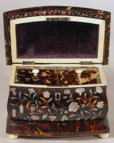 Very Fine Tortoiseshell Tea Caddy Inlaid with Engraved Mother of Pearl and White Metal Circa 1840. tctortmop02.jpg (133272 bytes)