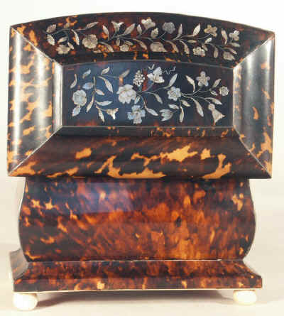 Very Fine Tortoiseshell Tea Caddy Inlaid with Engraved Mother of Pearl and White Metal Circa 1840.