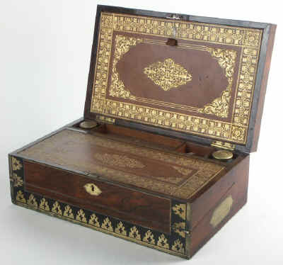A Very Fine  Important and extremely Rare Brass inlaid  Rosewood Writing Box Circa 1810 by Bayley's of London. wbbaily03.jpg (107673 bytes)