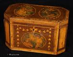 748TC: Octagonal Tea Caddy inlaid in wood and decorated with hand coloured prints circa 1790 