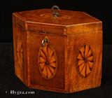877TC: Antique Satinwood Hexagonal Tea Caddy Inlaid with Ovals depicting stylized Paterae circa 1790