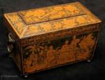 TC109: A Finely Drawn Penwork tea  Caddy of Particular Interest Dated 1845 decorated inside and out with penwork depicting the cultural and social interchange of East and West. 
The scenes inside and outside are well orchestrated. They are all interesting in that they have cultural references relating to the early 19th century social interchange between East and West. 
This is much rarer than scenes of oriental life seen in isolation. Circa 1845.