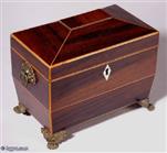 TC118: A Regency shaped rosewood twin compartment tea caddy with pyramided top strung with box wood and standing on brass paw feet and having brass  side handles. Circa: 1830.