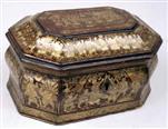 TC144: Chinese Export Lacquer Tea Caddy with Gold Decoration depicting 