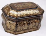 TC144: Chinese Export Lacquer Tea Caddy with Gold Decoration depicting 