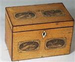  TC149: Maple Two Compartment Tea Caddy with Original Prints Circa 1795: A two compartment maple caddy decorated with prints of birds on the top and front. Such decoration only survives rarely when the original varnish remains undisturbed.