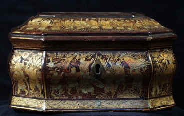 Chinese Export Lacquer Tea Caddy with Gold Decoration depicting "The Romance of the Three Kingdoms" Circa 1825.