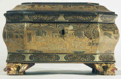 Chinese export lacquer tea chest with scenes of tea trading the interior fitted with metal canisters, circa 1840.  chtealac02.jpg (109954 bytes)
