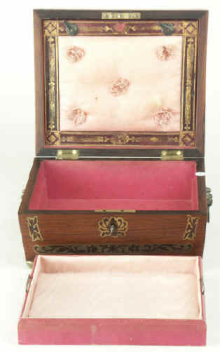 A shaped Regency  brass inlaid Rosewood  box with  jewellery tray, circa 1825. Enlarge Picture
