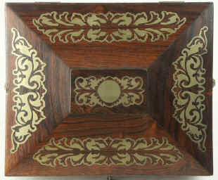 A shaped Regency  brass inlaid Rosewood  box with  jewellery tray, circa 1825. Enlarge Picture