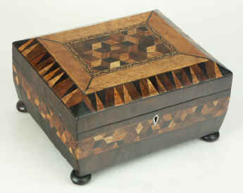 Tunbridge ware box in birds eye maple with parquetry  in native and exotic woods, circa 1835. Enlarge Picture
