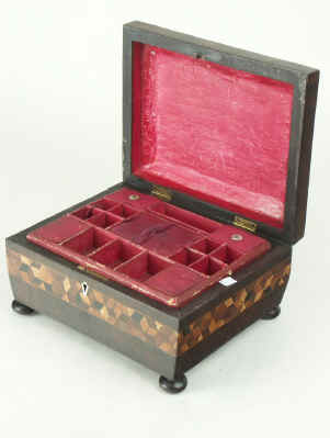 Tunbridge ware box in birds eye maple with parquetry  in native and exotic woods, circa 1835. Enlarge Picture