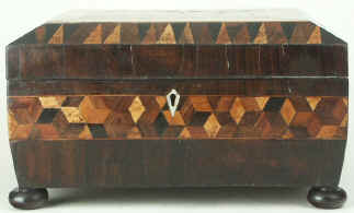 Tunbridge ware box in birds eye maple with parquetry  in native and exotic woods, circa 1835. Enlarge Picture