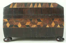 Tunbridge ware box in birds eye maple with parquetry  in native and exotic woods, circa 1835. Enlarge Picture