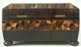 Tunbridge ware box in birds eye maple with parquetry  in native and exotic woods, circa 1835. Enlarge Picture