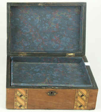 Victorian walnut veneered box inlaid in strips of geometric marquetry circa 1880. Enlarge Picture