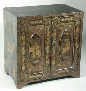 A Chinese Export Lacquer Table Cabinet with Gold Decoration Circa 1850. Enlarge Picture