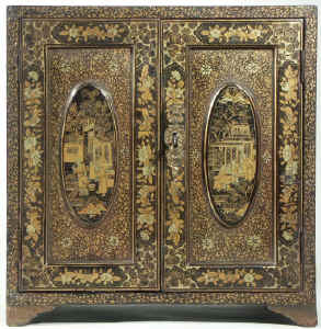 A Chinese Export Lacquer Table Cabinet with Gold Decoration Circa 1850. Enlarge Picture