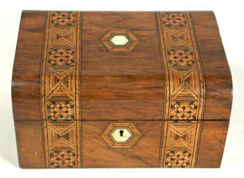Victorian walnut veneered box inlaid in strips of geometric marquetry circa 1880 Enlarge Picture