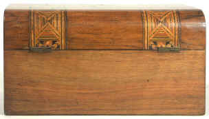 Victorian walnut veneered box inlaid in strips of geometric marquetry circa 1880  Enlarge Picture