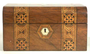 Victorian walnut veneered box inlaid in strips of geometric marquetry circa 1880  Enlarge Picture