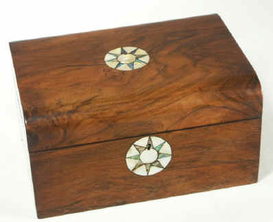 Victorian walnut veneered box inlaid with mother of pearl and and abalone circa 1880. Enlarge Picture