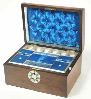 Victorian walnut veneered box inlaid with mother of pearl and and abalone circa 1880. Enlarge Picture