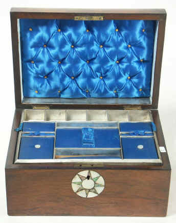 Victorian walnut veneered box inlaid with mother of pearl and and abalone circa 1880. Enlarge Picture