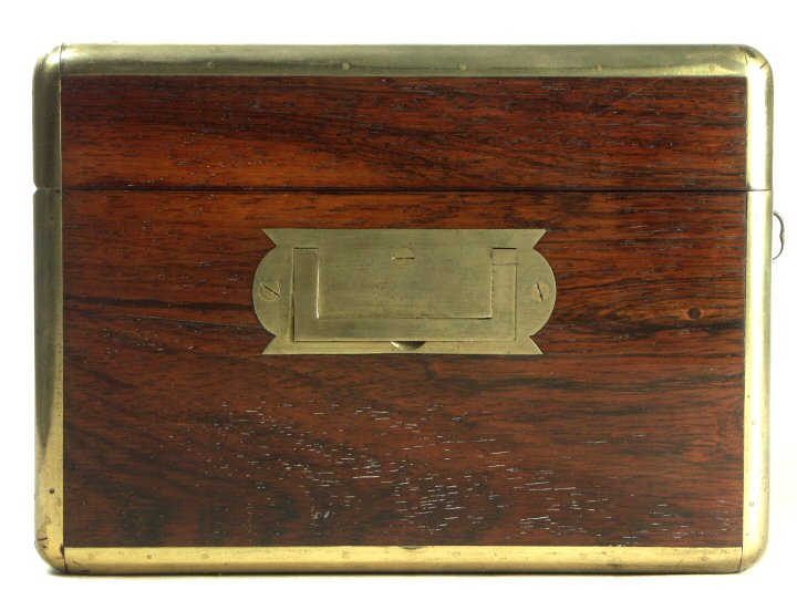 A Very High Quality Brass bound   Rosewood  Man's Dressing Box circa 1839 with silver and with a lower  drawer: Enlarge Picture