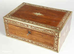  Exceptional kingwood and brass inlaid box circa 1820 with rare secret compartment.  Enlarge Picture