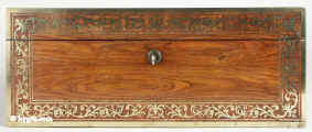 Exceptional kingwood and brass inlaid box circa 1820 with rare secret compartment.  Enlarge Picture