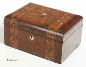 Victorian walnut veneered box inlaid in strips of geometric marquetry circa 1880 Enlarge Picture