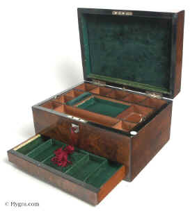 A  high quality figured walnut   box with a spring released drawer fitted for jewelry circa 1860. Enlarge Picture