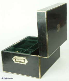 A coromandel ebony box with brass edging with a drawer and tray fited for jewelry circa 1860. Enlarge Picture