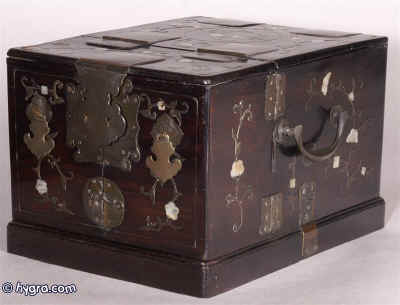 A hard solid rosewood mirror box inlaid in mother of pearl and brass metal, having  handles and clasp.Circa 1800 Enlarge Picture