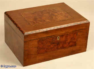 Antique mahogany and burr yew inlaid box having a lift out tray circa 1860. Enlarge Picture