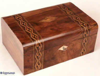 Victorian walnut veneered box inlaid in strips of geometric marquetry circa 1880 Enlarge Picture